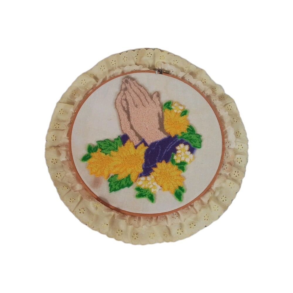 Vintage Crewel Praying Hands Round Hanging